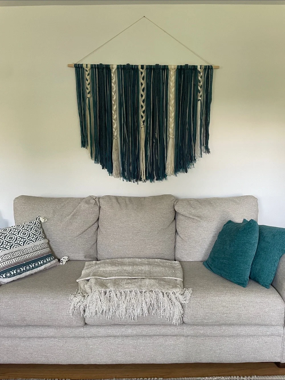 Handmade Teal and Cream Macramé Wall Hanging